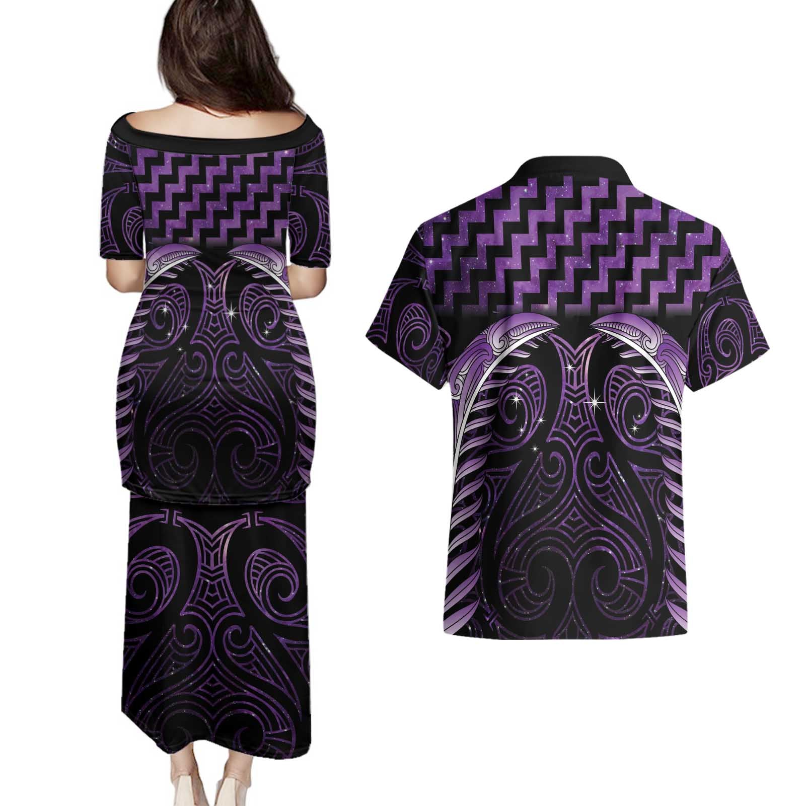 Purple Matariki New Zealand Couples Matching Puletasi and Hawaiian Shirt Maori Poutama Galaxy Vibes