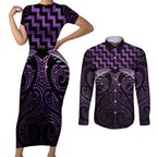 Purple Matariki New Zealand Couples Matching Short Sleeve Bodycon Dress and Long Sleeve Button Shirt Maori Poutama Galaxy Vibes