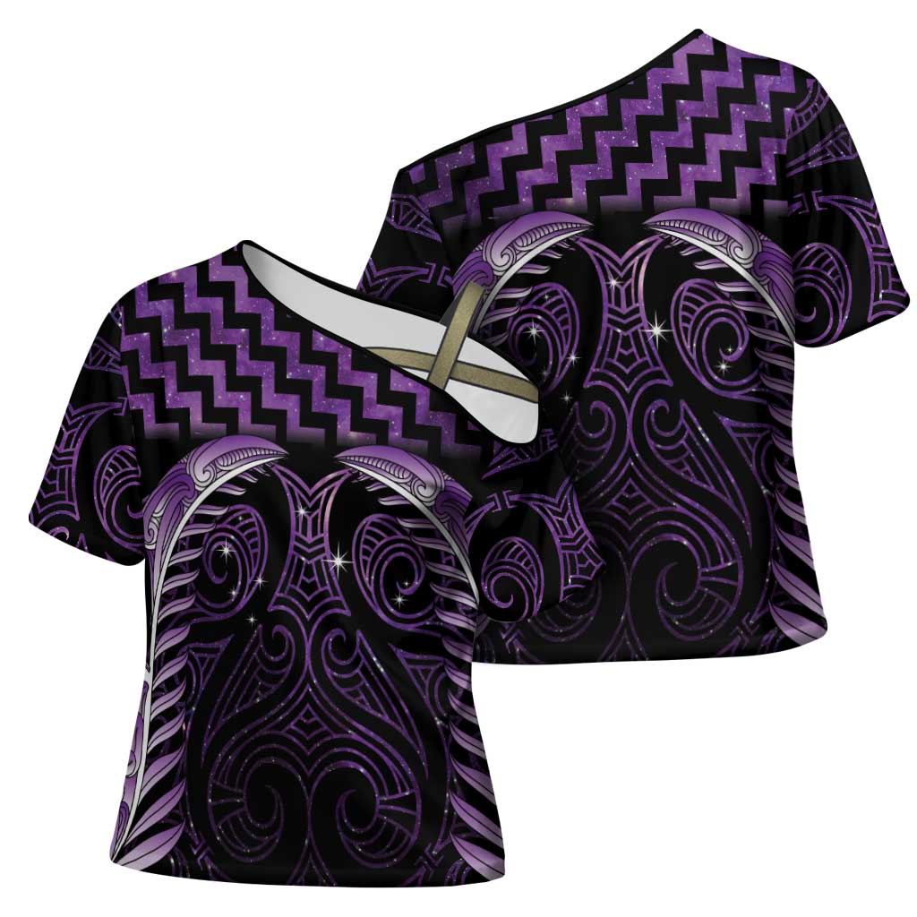 Purple Matariki New Zealand Cross Shoulder Shirt Maori Poutama Galaxy Vibes - Aussie Hoodie