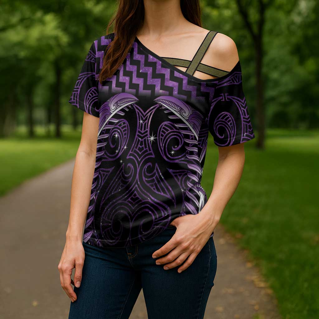 Purple Matariki New Zealand Cross Shoulder Shirt Maori Poutama Galaxy Vibes - Aussie Hoodie