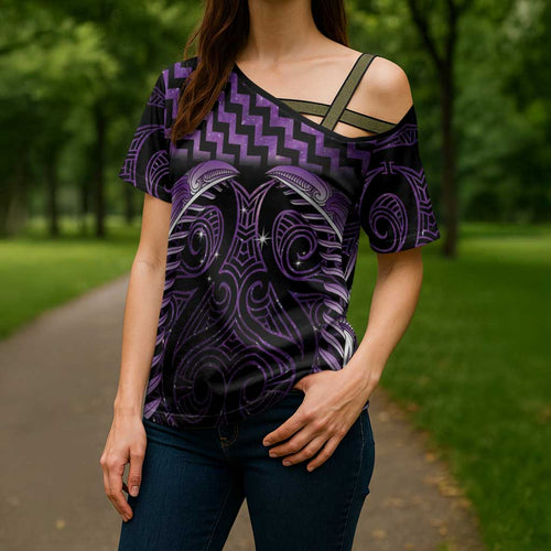 Purple Matariki New Zealand Cross Shoulder Shirt Maori Poutama Galaxy Vibes - Aussie Hoodie