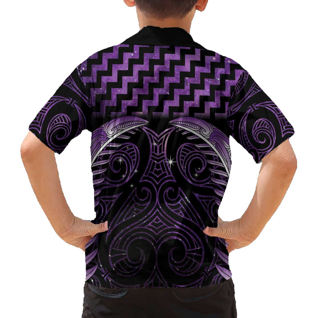 Purple Matariki New Zealand Family Matching Off The Shoulder Long Sleeve Dress and Hawaiian Shirt Maori Poutama Galaxy Vibes