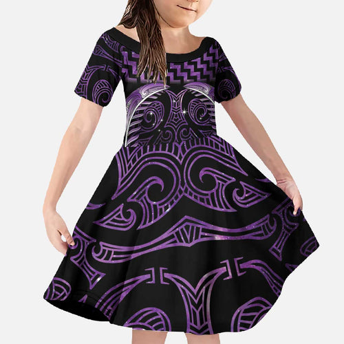 Purple Matariki New Zealand Family Matching Off The Shoulder Long Sleeve Dress and Hawaiian Shirt Maori Poutama Galaxy Vibes