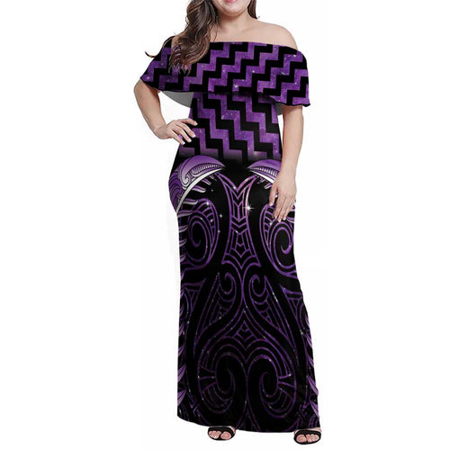 Purple Matariki New Zealand Family Matching Off Shoulder Maxi Dress and Hawaiian Shirt Maori Poutama Galaxy Vibes