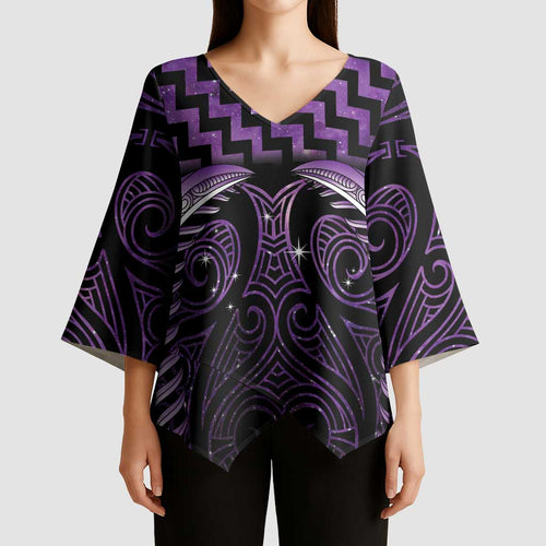 Purple Matariki New Zealand Kimono Sleeve Blouse Maori Poutama Galaxy Vibes - Aussie Hoodie