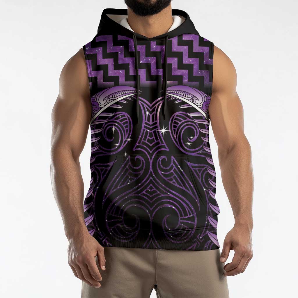 Purple Matariki New Zealand Sleeveless Hoodie Maori Poutama Galaxy Vibes - Aussie Hoodie