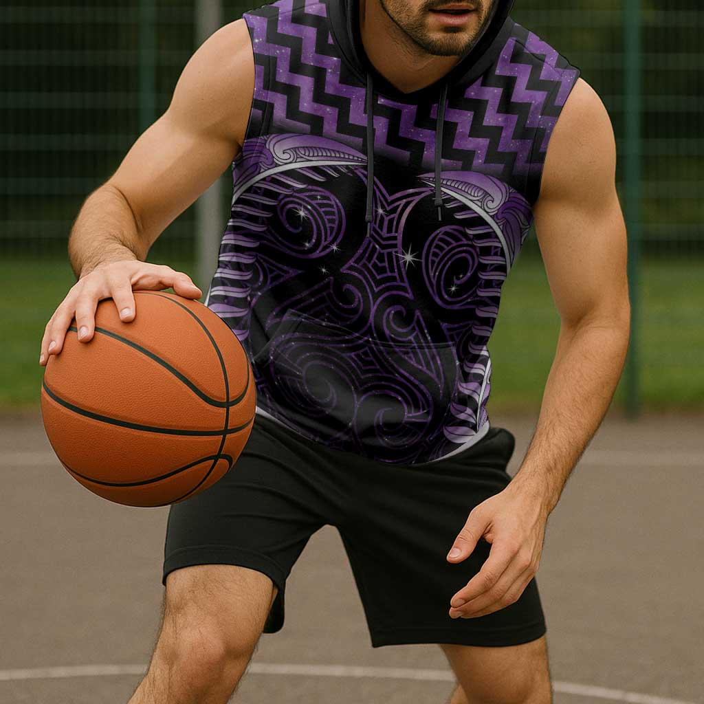 Purple Matariki New Zealand Sleeveless Hoodie Maori Poutama Galaxy Vibes - Aussie Hoodie