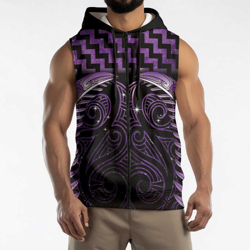 Purple Matariki New Zealand Sleeveless Zip Hoodie Maori Poutama Galaxy Vibes LT14