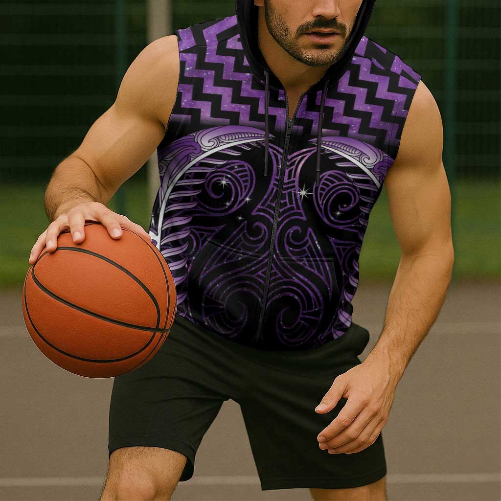 Purple Matariki New Zealand Sleeveless Zip Hoodie Maori Poutama Galaxy Vibes LT14