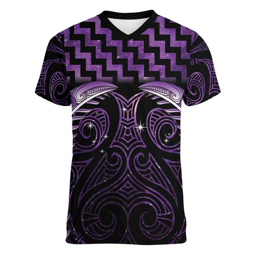 Purple Matariki New Zealand Women V-Neck T-Shirt Maori Poutama Galaxy Vibes
