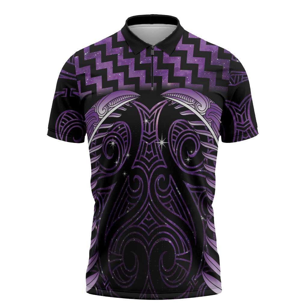Purple Matariki New Zealand Zipper Polo Shirt Maori Poutama Galaxy Vibes - Aussie Hoodie