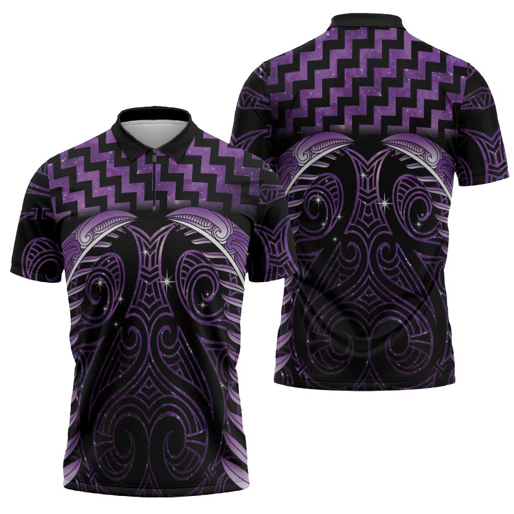 Purple Matariki New Zealand Zipper Polo Shirt Maori Poutama Galaxy Vibes - Aussie Hoodie