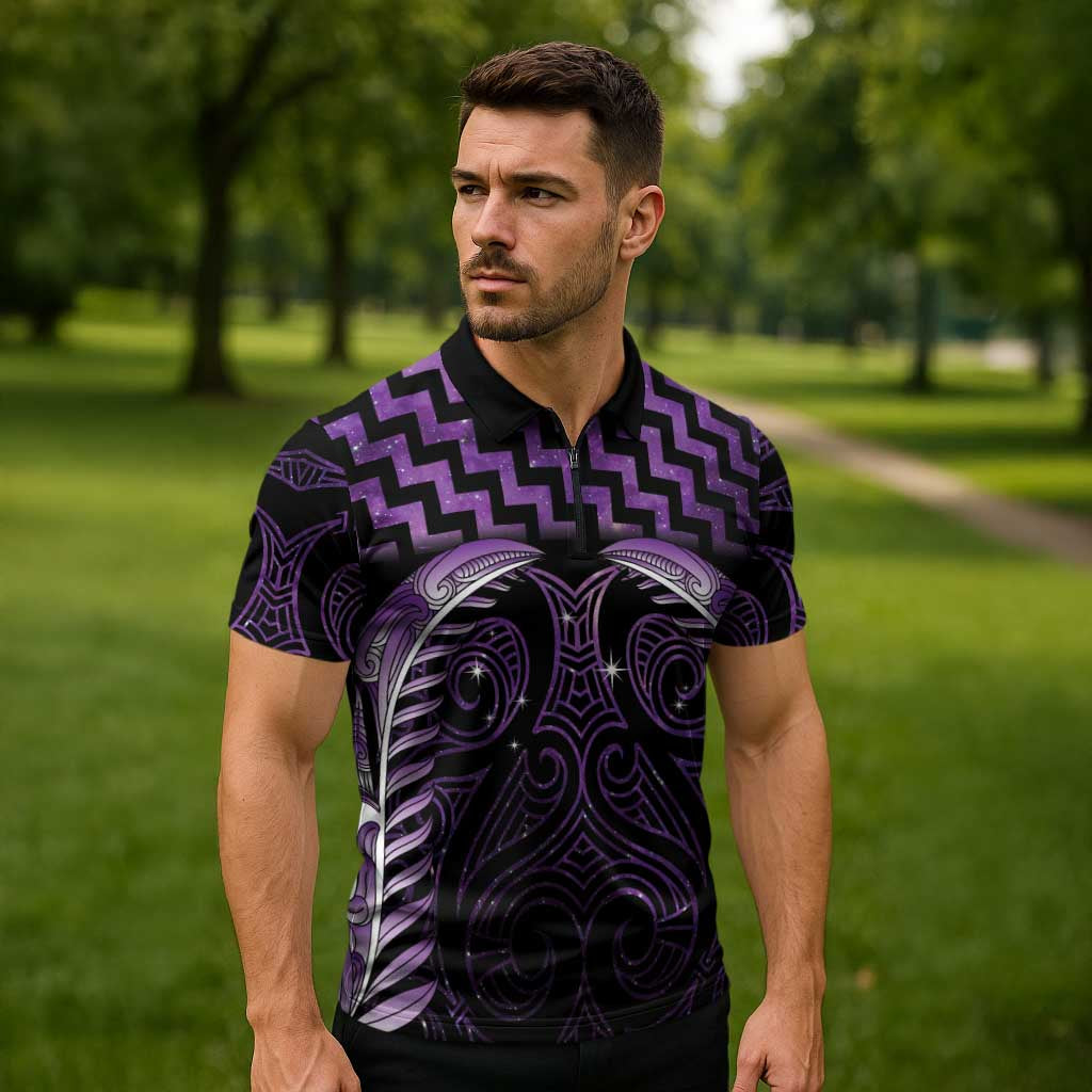 Purple Matariki New Zealand Zipper Polo Shirt Maori Poutama Galaxy Vibes - Aussie Hoodie
