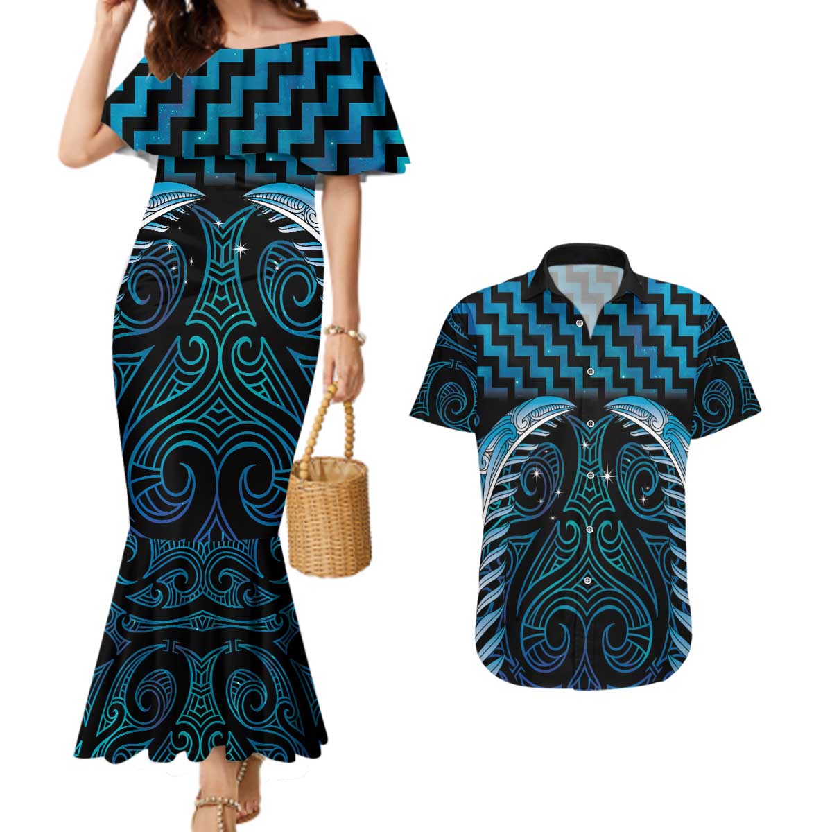 Blue Matariki New Zealand Couples Matching Mermaid Dress and Hawaiian Shirt Maori Poutama Galaxy Vibes