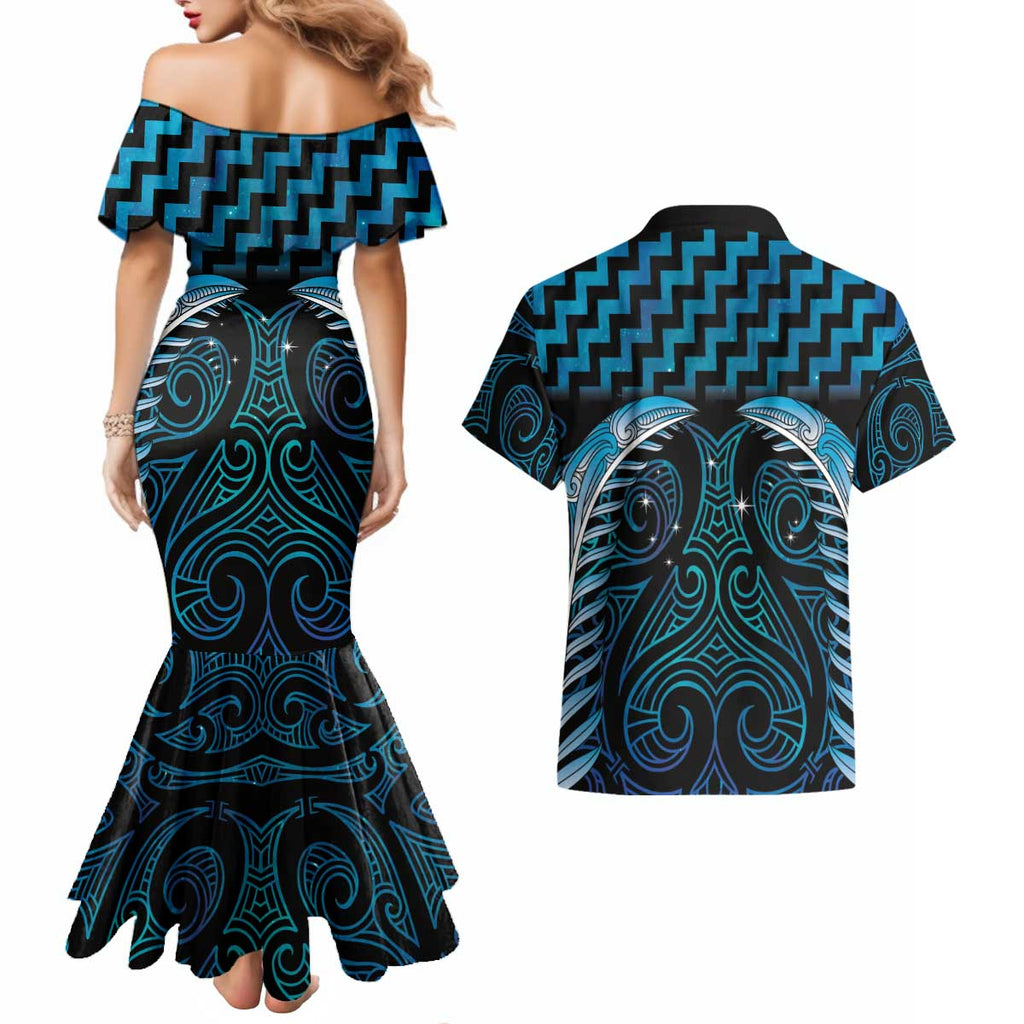 Blue Matariki New Zealand Couples Matching Mermaid Dress and Hawaiian Shirt Maori Poutama Galaxy Vibes