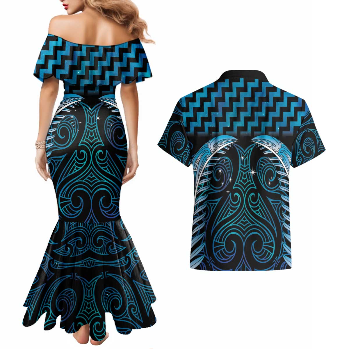 Blue Matariki New Zealand Couples Matching Mermaid Dress and Hawaiian Shirt Maori Poutama Galaxy Vibes