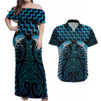 Blue Matariki New Zealand Couples Matching Off Shoulder Maxi Dress and Hawaiian Shirt Maori Poutama Galaxy Vibes