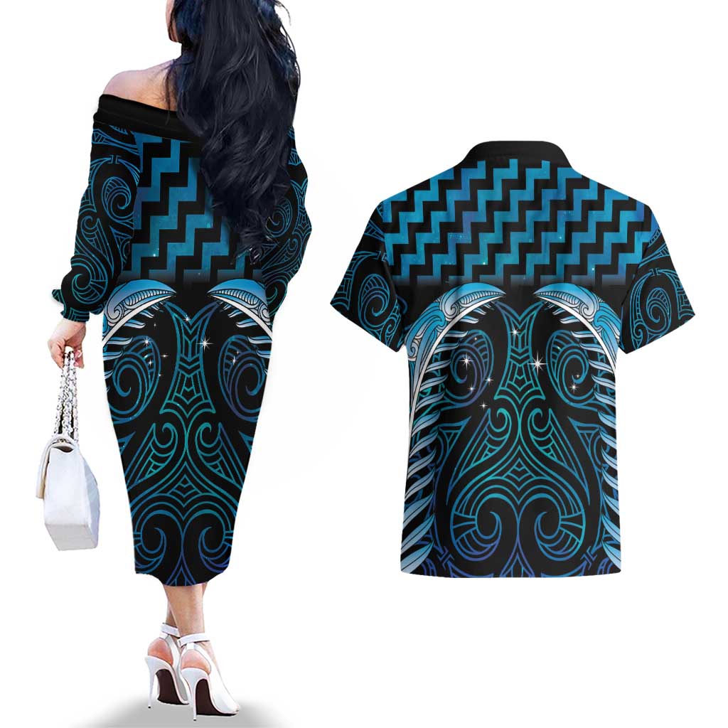Blue Matariki New Zealand Couples Matching Off The Shoulder Long Sleeve Dress and Hawaiian Shirt Maori Poutama Galaxy Vibes