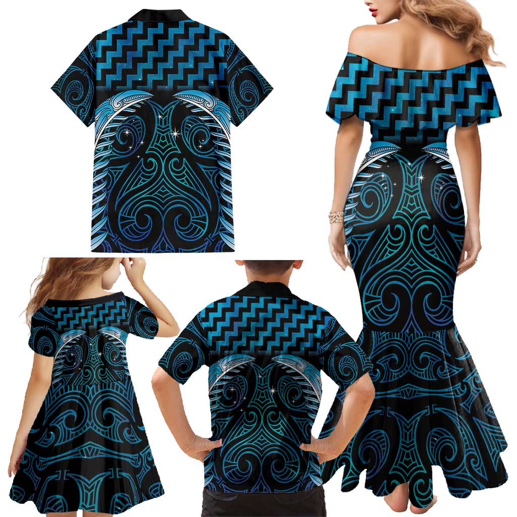 Blue Matariki New Zealand Family Matching Mermaid Dress and Hawaiian Shirt Maori Poutama Galaxy Vibes