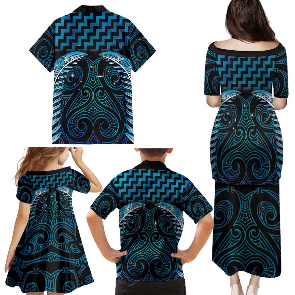 Blue Matariki New Zealand Family Matching Puletasi and Hawaiian Shirt Maori Poutama Galaxy Vibes