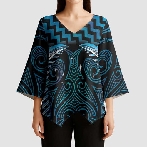 Blue Matariki New Zealand Kimono Sleeve Blouse Maori Poutama Galaxy Vibes - Aussie Hoodie