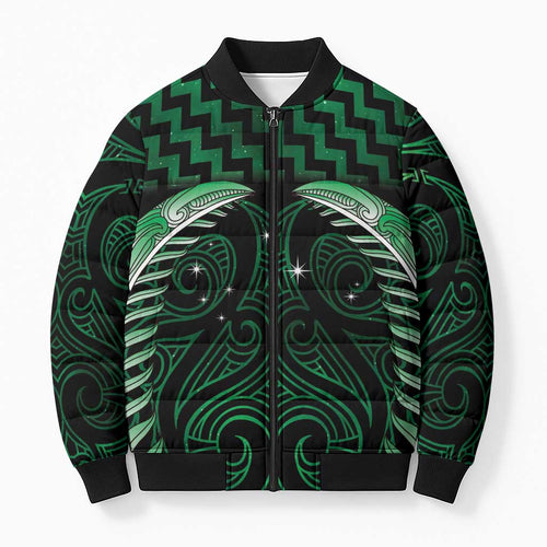 Green Matariki New Zealand Bomber Puffer Jacket Maori Poutama Galaxy Vibes - Aussie Hoodie