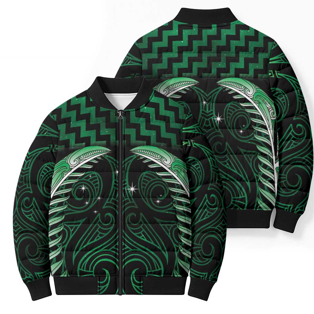 Green Matariki New Zealand Bomber Puffer Jacket Maori Poutama Galaxy Vibes - Aussie Hoodie