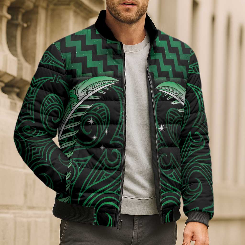 Green Matariki New Zealand Bomber Puffer Jacket Maori Poutama Galaxy Vibes - Aussie Hoodie