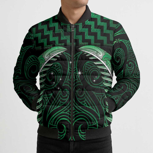 Green Matariki New Zealand Bomber Puffer Jacket Maori Poutama Galaxy Vibes - Aussie Hoodie