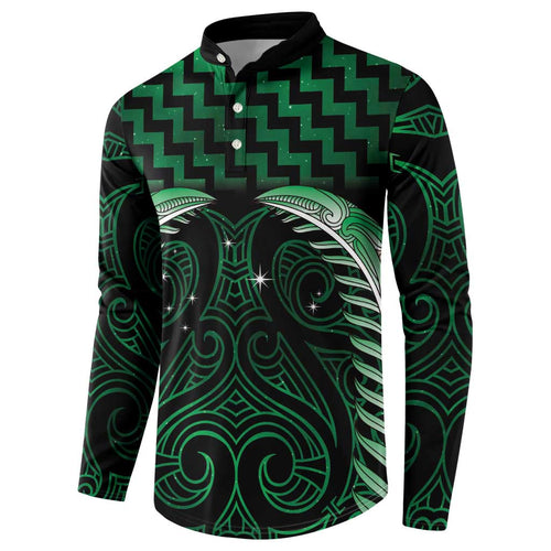 Green Matariki New Zealand Button Sweatshirt Maori Poutama Galaxy Vibes