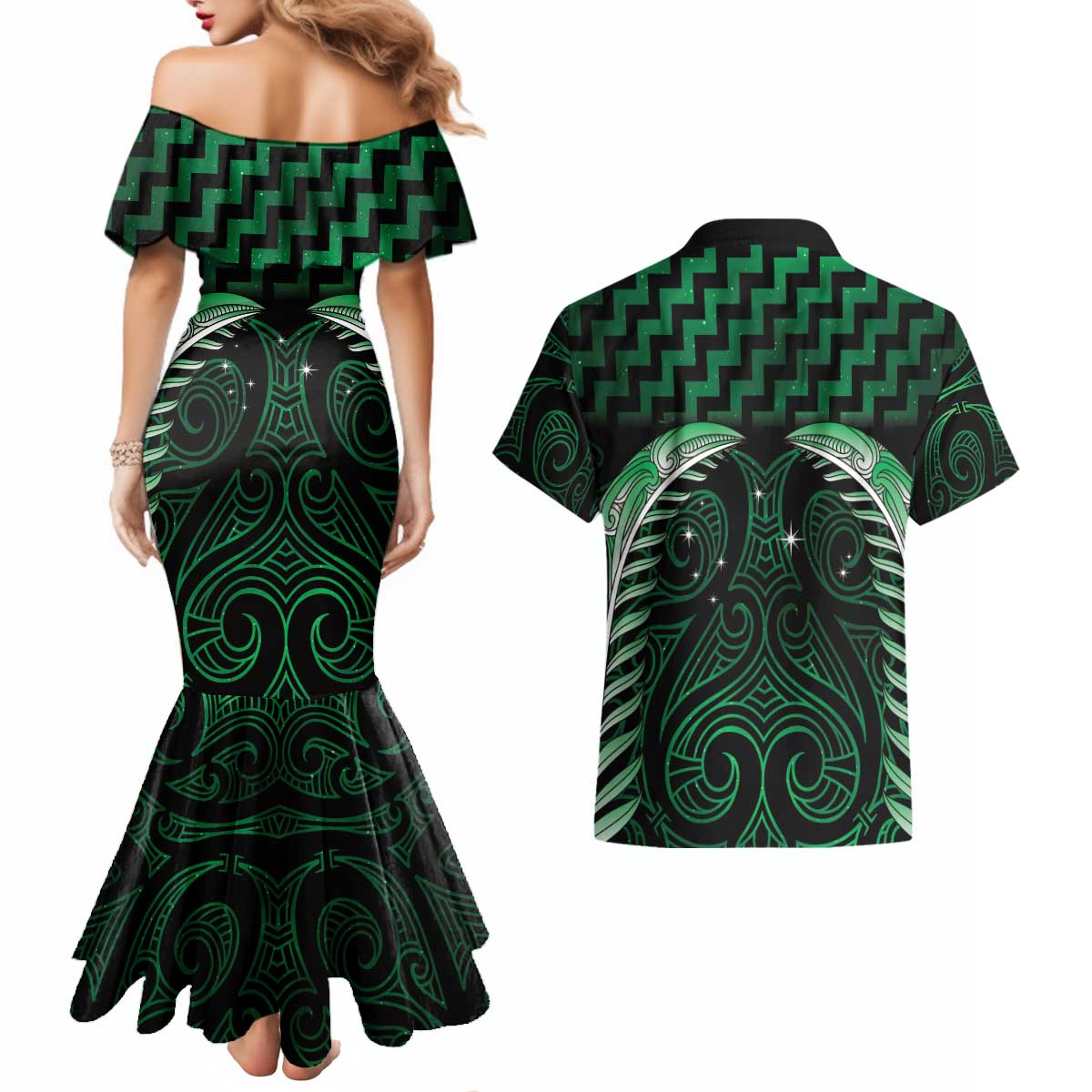 Green Matariki New Zealand Couples Matching Mermaid Dress and Hawaiian Shirt Maori Poutama Galaxy Vibes