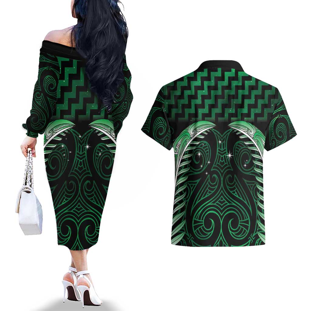 Green Matariki New Zealand Couples Matching Off The Shoulder Long Sleeve Dress and Hawaiian Shirt Maori Poutama Galaxy Vibes