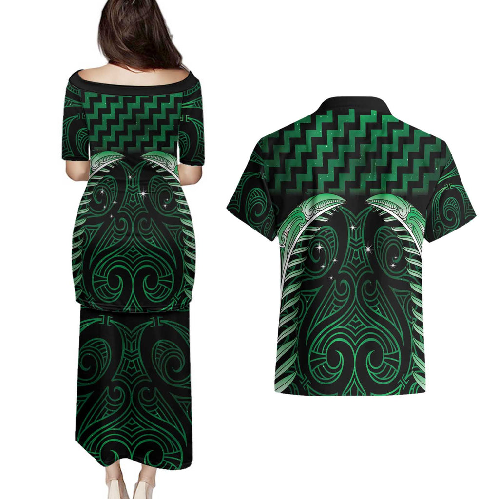 Green Matariki New Zealand Couples Matching Puletasi and Hawaiian Shirt Maori Poutama Galaxy Vibes