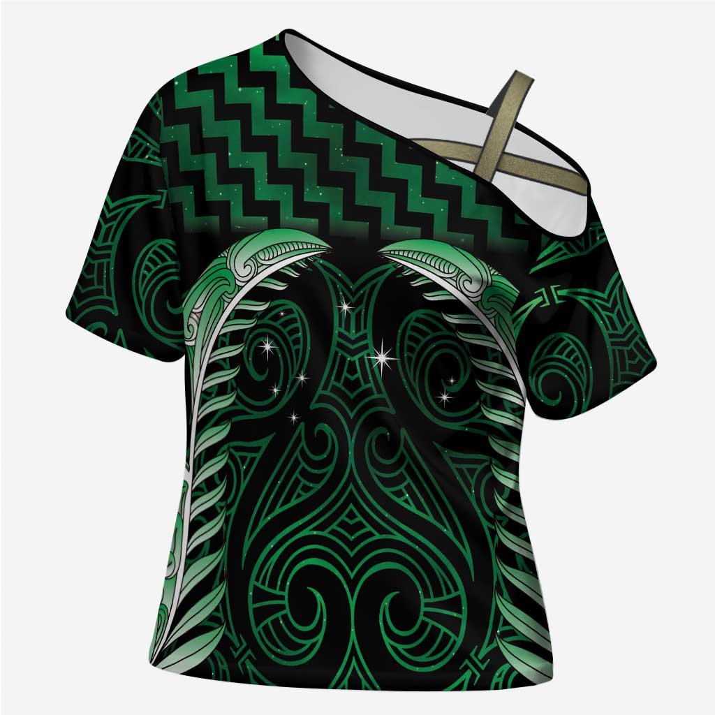 Green Matariki New Zealand Cross Shoulder Shirt Maori Poutama Galaxy Vibes - Aussie Hoodie