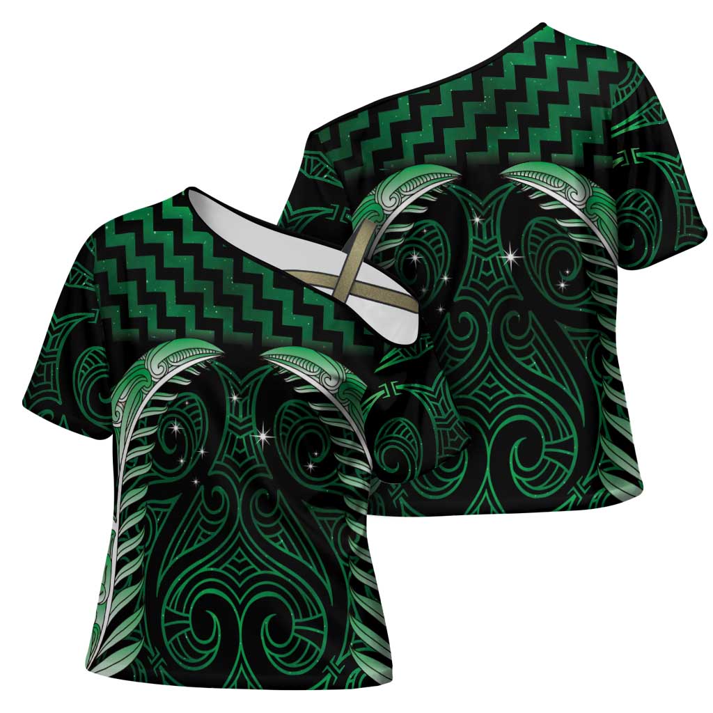 Green Matariki New Zealand Cross Shoulder Shirt Maori Poutama Galaxy Vibes - Aussie Hoodie