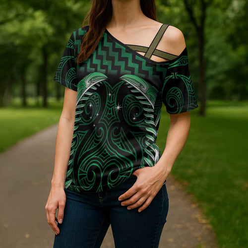 Green Matariki New Zealand Cross Shoulder Shirt Maori Poutama Galaxy Vibes - Aussie Hoodie