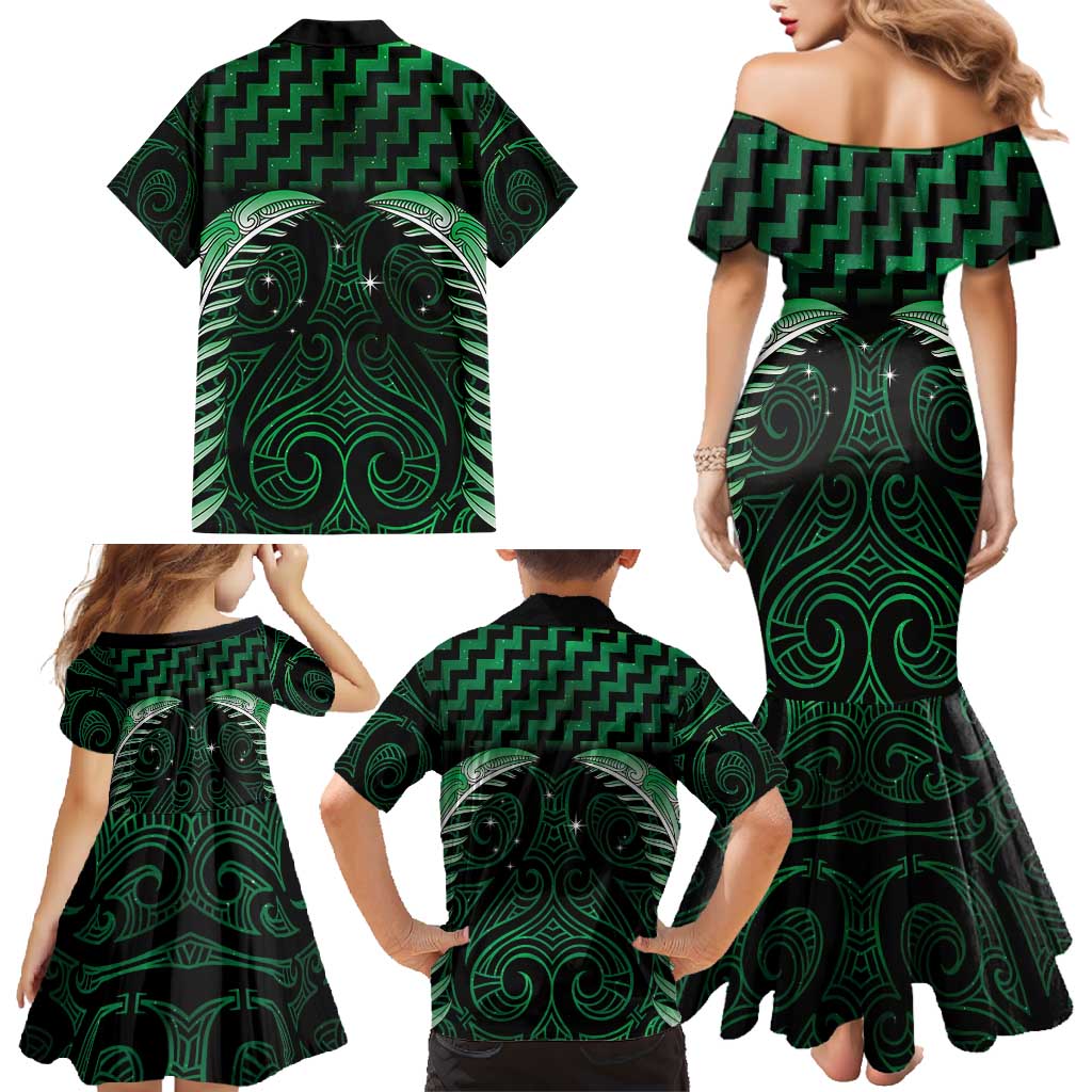 Green Matariki New Zealand Family Matching Mermaid Dress and Hawaiian Shirt Maori Poutama Galaxy Vibes