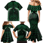 Green Matariki New Zealand Family Matching Mermaid Dress and Hawaiian Shirt Maori Poutama Galaxy Vibes