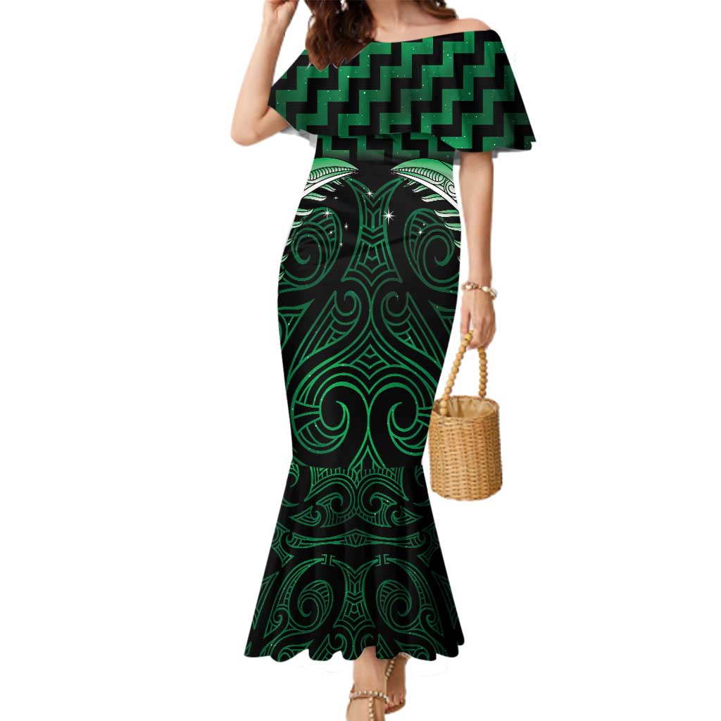Green Matariki New Zealand Family Matching Mermaid Dress and Hawaiian Shirt Maori Poutama Galaxy Vibes