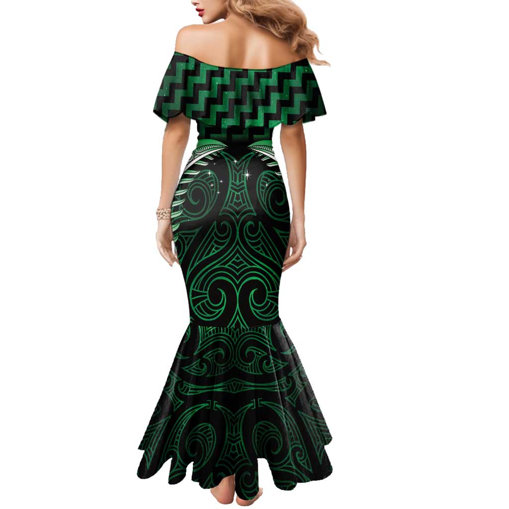 Green Matariki New Zealand Family Matching Mermaid Dress and Hawaiian Shirt Maori Poutama Galaxy Vibes