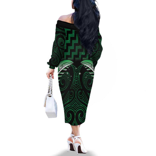 Green Matariki New Zealand Family Matching Off The Shoulder Long Sleeve Dress and Hawaiian Shirt Maori Poutama Galaxy Vibes