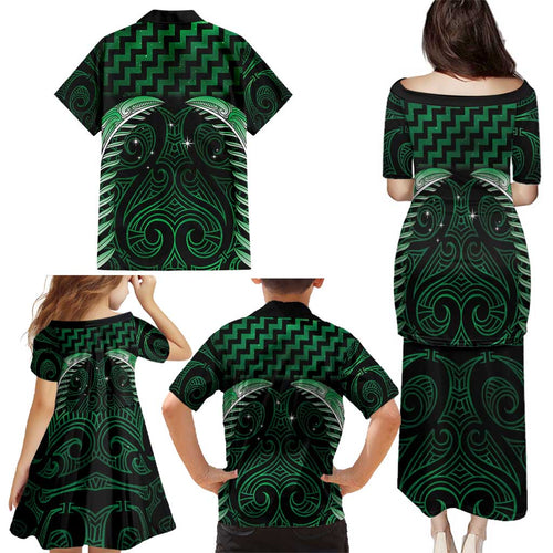Green Matariki New Zealand Family Matching Puletasi and Hawaiian Shirt Maori Poutama Galaxy Vibes