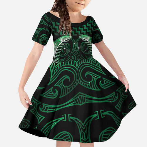 Green Matariki New Zealand Family Matching Short Sleeve Bodycon Dress and Hawaiian Shirt Maori Poutama Galaxy Vibes
