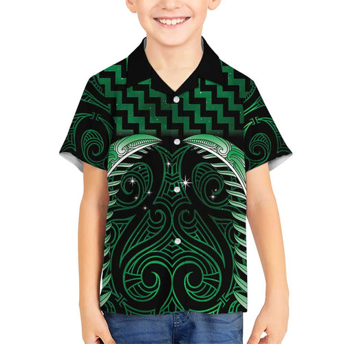 Green Matariki New Zealand Family Matching Short Sleeve Bodycon Dress and Hawaiian Shirt Maori Poutama Galaxy Vibes