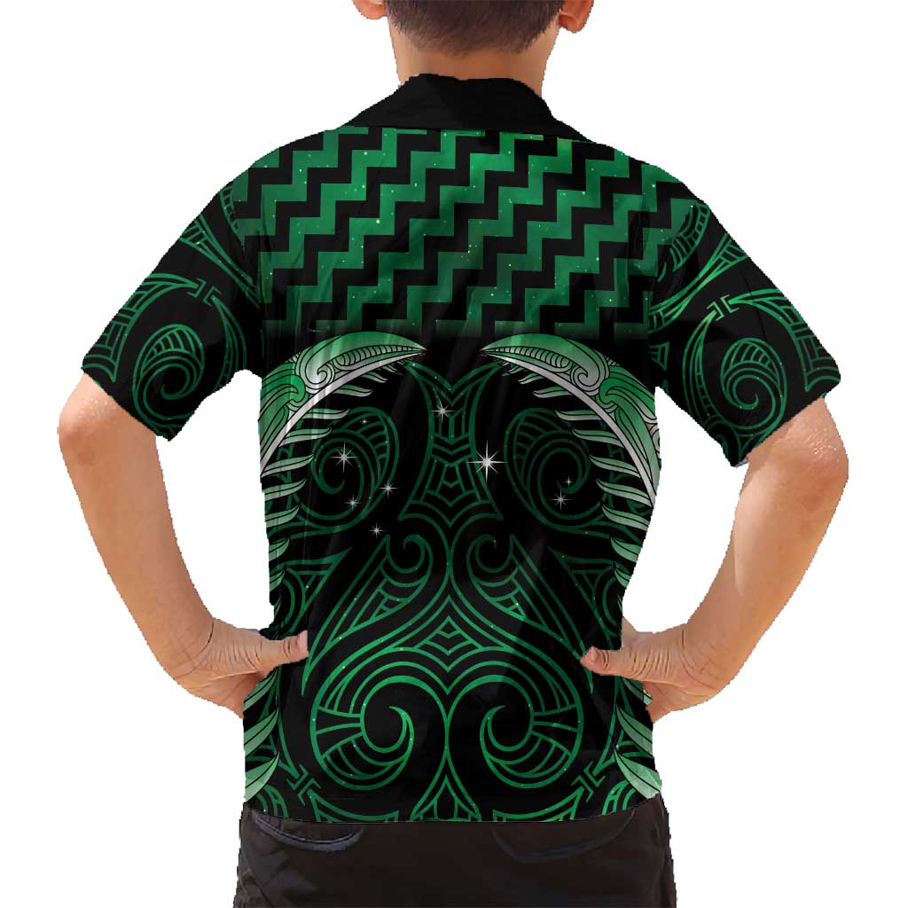 Green Matariki New Zealand Family Matching Tank Maxi Dress and Hawaiian Shirt Maori Poutama Galaxy Vibes