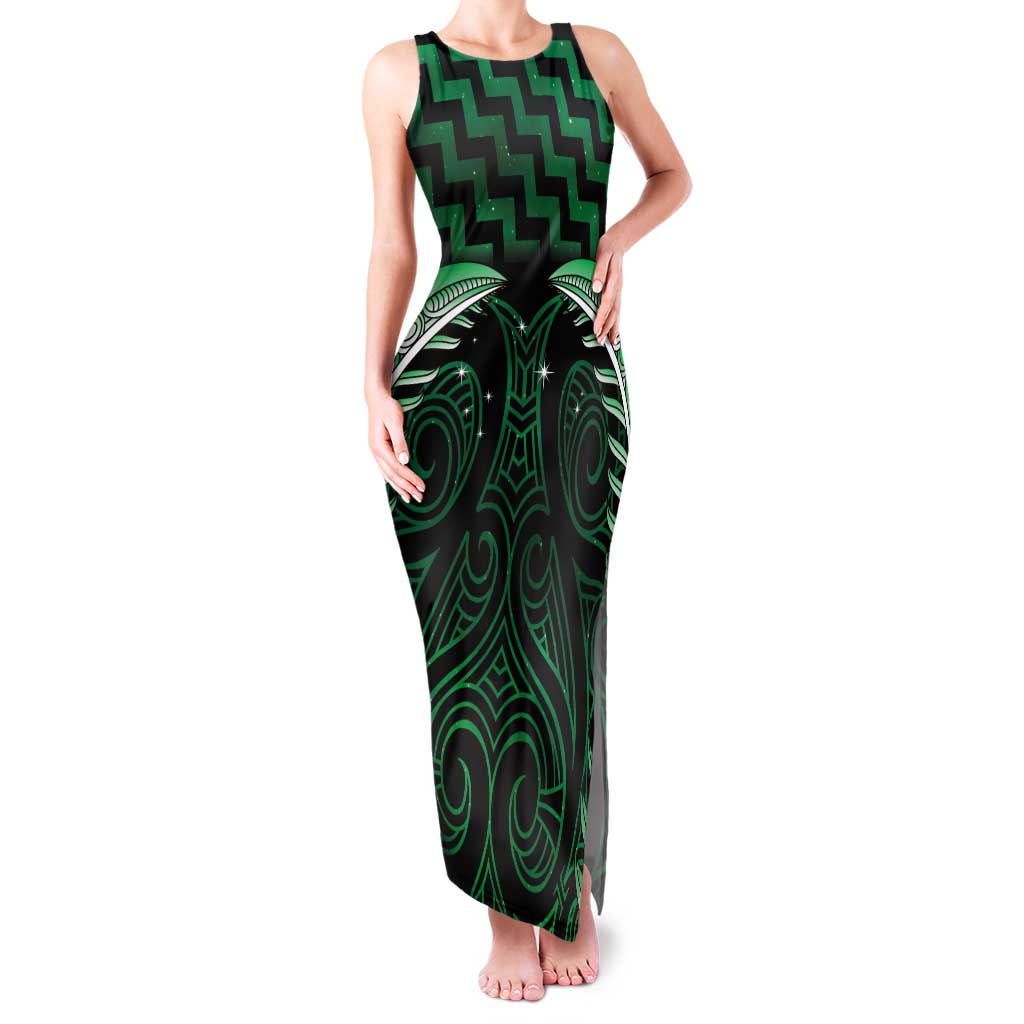 Green Matariki New Zealand Family Matching Tank Maxi Dress and Hawaiian Shirt Maori Poutama Galaxy Vibes