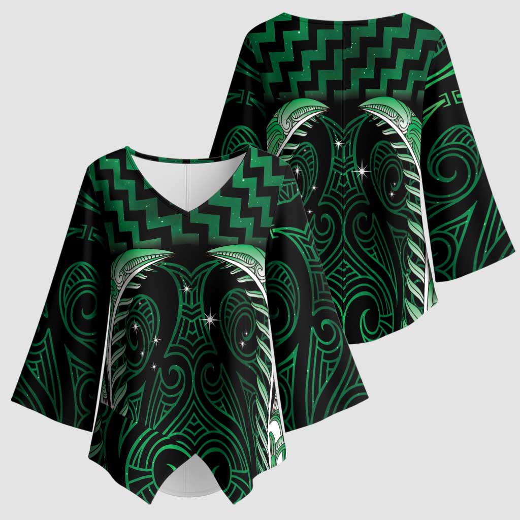 Green Matariki New Zealand Kimono Sleeve Blouse Maori Poutama Galaxy Vibes - Aussie Hoodie