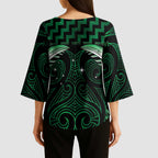 Green Matariki New Zealand Kimono Sleeve Blouse Maori Poutama Galaxy Vibes - Aussie Hoodie