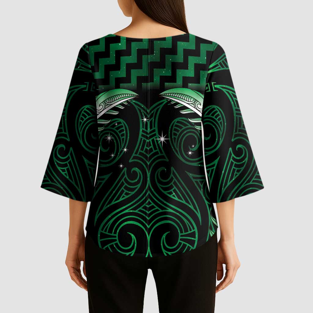 Green Matariki New Zealand Kimono Sleeve Blouse Maori Poutama Galaxy Vibes - Aussie Hoodie