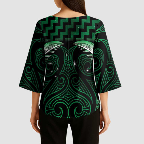 Green Matariki New Zealand Kimono Sleeve Blouse Maori Poutama Galaxy Vibes - Aussie Hoodie